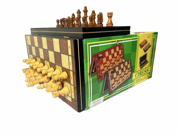 Chess board - with chess pieces - 34 cm - Chess set - Magnetic - Wood + 2 extra queens