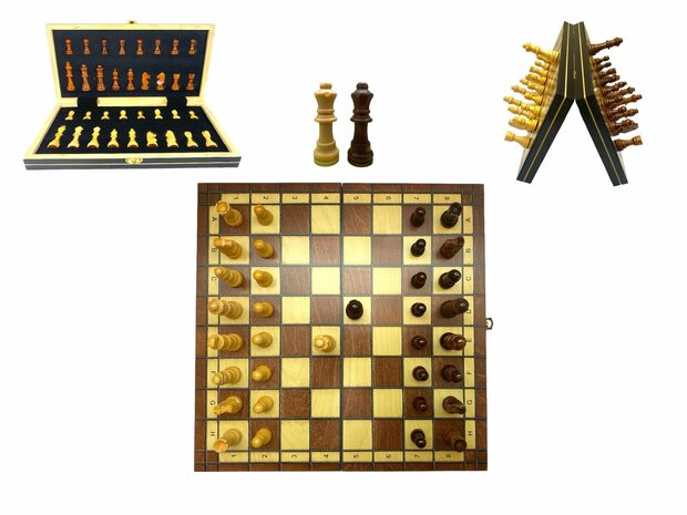 Chess board - with chess pieces - 34 cm - Chess set - Magnetic - Wood + 2 extra queens