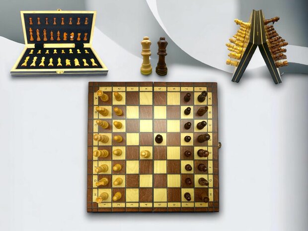 Chess board - with chess pieces - 34 cm - Chess set - Magnetic - Wood + 2 extra queens