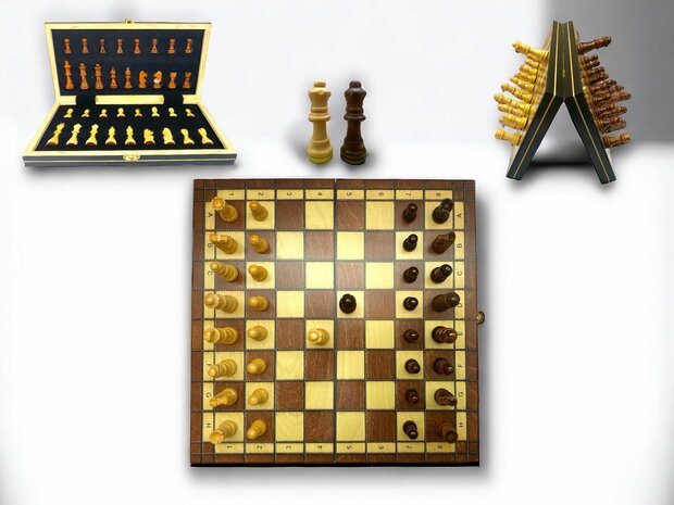 Chess board - with chess pieces - 34 cm - Chess set - Magnetic - Wood + 2 extra queens