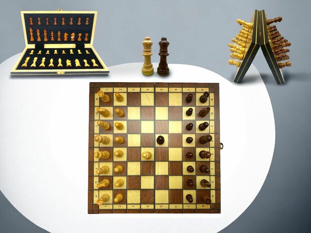 Chess board - with chess pieces - 34 cm - Chess set - Magnetic - Wood + 2 extra queens