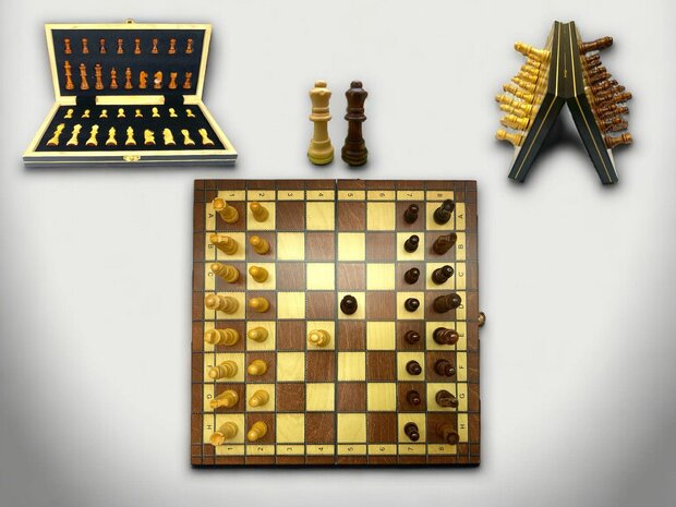 Chess board - with chess pieces - 34 cm - Chess set - Magnetic - Wood + 2 extra queens