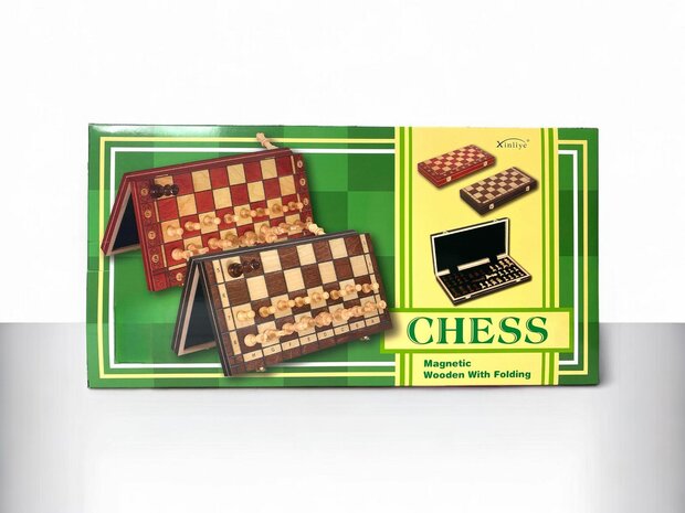 Chess board - with chess pieces - 34 cm - Chess set - Magnetic - Wood + 2 extra queens