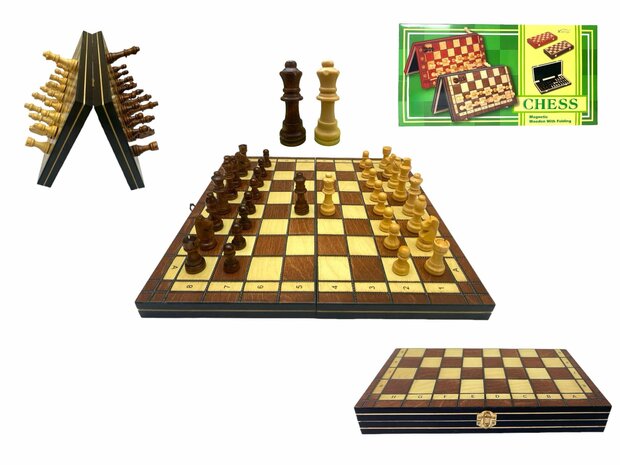 Chess board - with chess pieces - 34 cm - Chess set - Magnetic - Wood + 2 extra queens