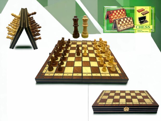 Chess board - with chess pieces - 34 cm - Chess set - Magnetic - Wood + 2 extra queens