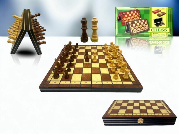 Chess board - with chess pieces - 34 cm - Chess set - Magnetic - Wood + 2 extra queens