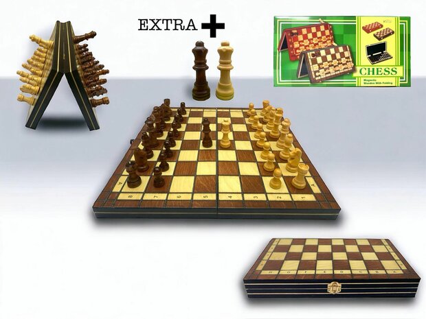 Chess board - with chess pieces - 34 cm - Chess set - Magnetic - Wood + 2 extra queens