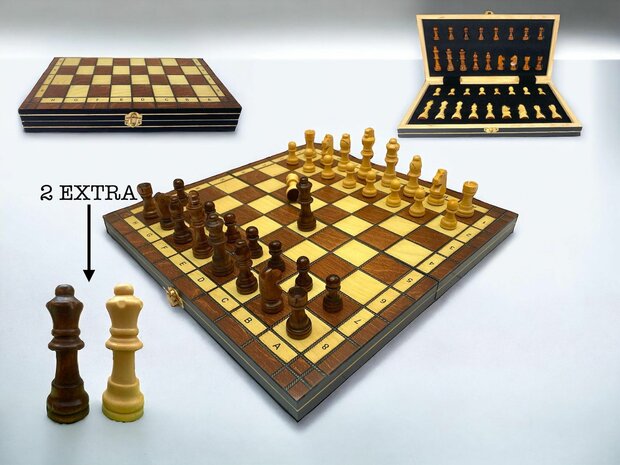 Chess board - with chess pieces - 34 cm - Chess set - Magnetic - Wood + 2 extra queens