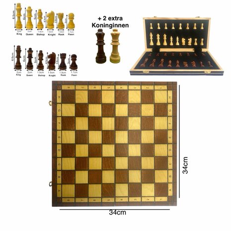 Schaakbord - met Schaakstukken - 34 cm - Schaakset - Magnetisch - Hout + 2 extre koninginnen