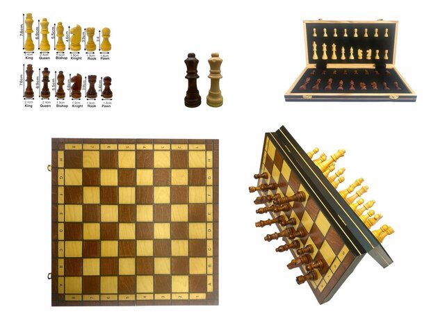 Chess board - with chess pieces - 39 cm - Chess set - Magnetic - Wood + 2 extra queens