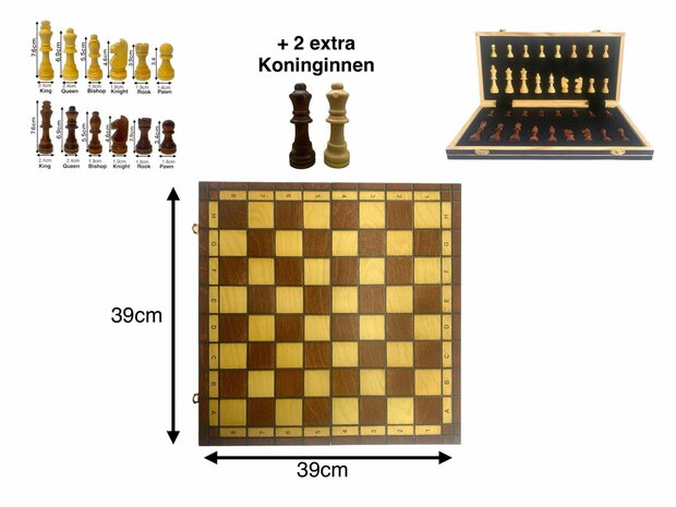 Chess board - with chess pieces - 39 cm - Chess set - Magnetic - Wood + 2 extra queens