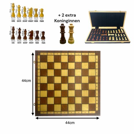 &Eacute;chiquier - avec pi&egrave;ces d&#039;&eacute;checs - 44cm - Jeu d&#039;&eacute;checs - Magn&eacute;tique - Bois + 2 reines suppl&eacute;mentaires