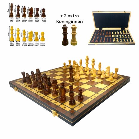 Chess board - with chess pieces - 49cm - Chess set - Magnetic - Wood + 2 extra queens