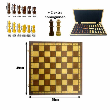 Chess board - with chess pieces - 49cm - Chess set - Magnetic - Wood + 2 extra queens