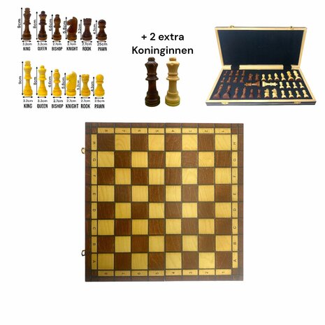 Chess board - with chess pieces - 49cm - Chess set - Magnetic - Wood + 2 extra queens