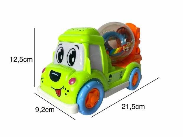 DogTruck Bump&amp;Go - betonmixer vrachtwagen hondje - beweegt, geluid en muziek