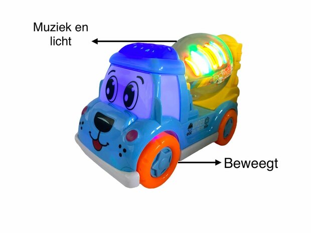 DogTruck Bump&amp;Go - betonmixer vrachtwagen hondje - beweegt, geluid en muziek