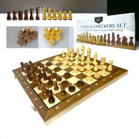 Paquet d&#039;&eacute;checs et de dames 2 en 1 - Pliable - pi&egrave;ces d&#039;&eacute;checs et pi&egrave;ces de dames magn&eacute;tiques - Bois - 39CM