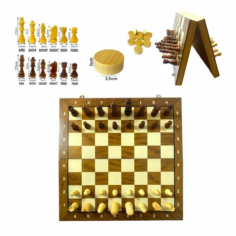 Chess and checkers 2in1 package - Foldable - magnetic chess pieces and checkers pieces - Wood - 39CM