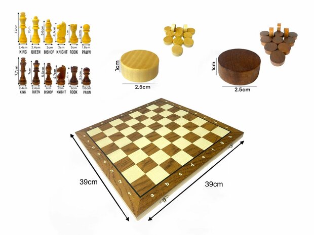 Schach- und Dame-2-in-1-Paket &ndash; faltbar &ndash; magnetische Schachfiguren und Damefiguren &ndash; Holz &ndash; 39 cm