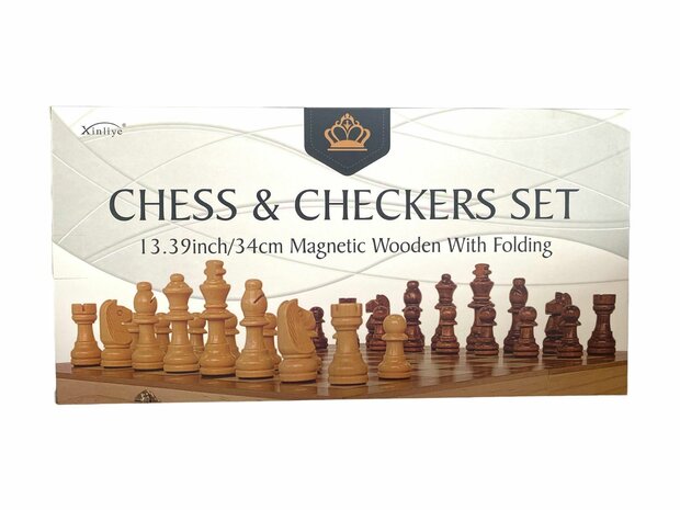 Schach- und Dame-2-in-1-Paket &ndash; faltbar &ndash; magnetische Schachfiguren und Damefiguren &ndash; Holz &ndash; 34 cm