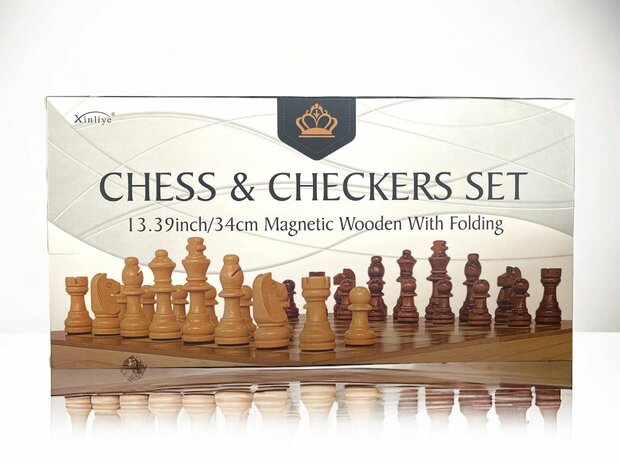 Paquet d&#039;&eacute;checs et de dames 2 en 1 - Pliable - pi&egrave;ces d&#039;&eacute;checs et pi&egrave;ces de dames magn&eacute;tiques - Bois - 34CM