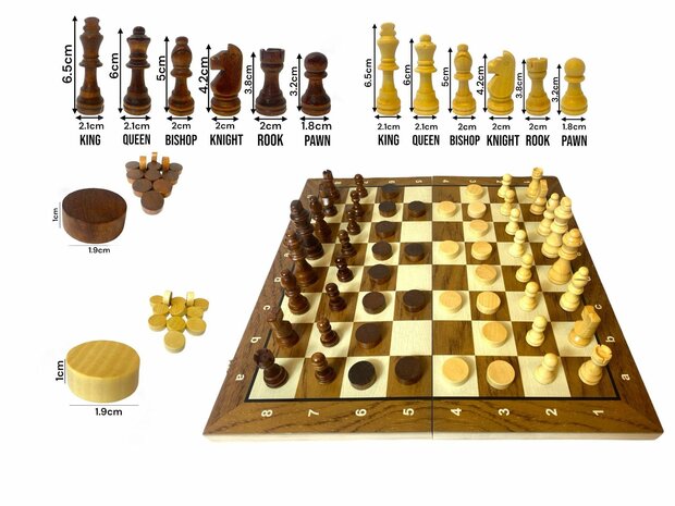 Schach- und Dame-2-in-1-Paket &ndash; faltbar &ndash; magnetische Schachfiguren und Damefiguren &ndash; Holz &ndash; 34 cm