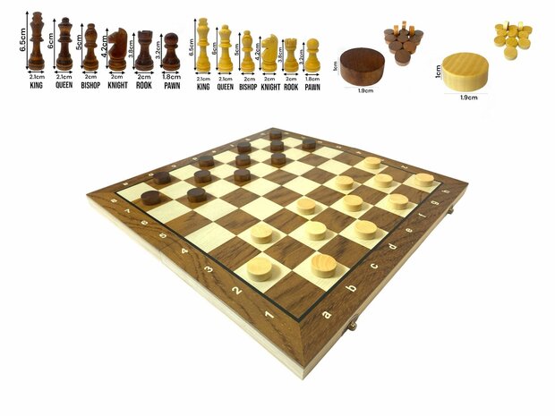 Schach- und Dame-2-in-1-Paket &ndash; faltbar &ndash; magnetische Schachfiguren und Damefiguren &ndash; Holz &ndash; 34 cm