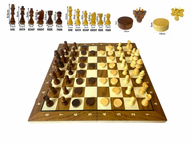 Schach- und Dame-2-in-1-Paket &ndash; faltbar &ndash; magnetische Schachfiguren und Damefiguren &ndash; Holz &ndash; 34 cm