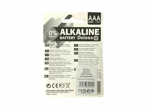 Piles alcalines Deleex AAA - LR03 1,5V - 4 pi&egrave;ces en paquet