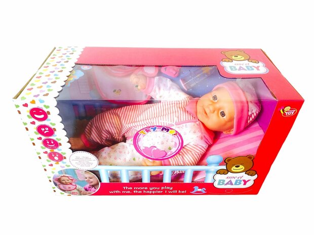 Poup&eacute;e b&eacute;b&eacute; douce avec diff&eacute;rents sons de b&eacute;b&eacute; + accessoires - 46 cm