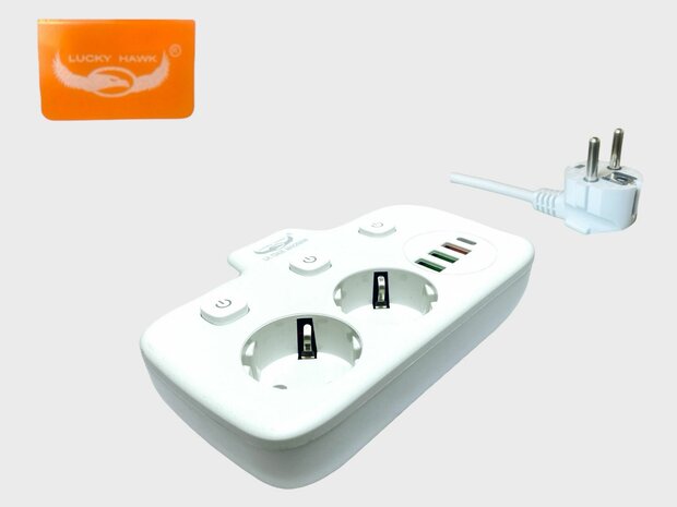 Power strip with USB-C 20W Fast Charger - 2 Sockets - 4 USB Ports 1.8 Meter