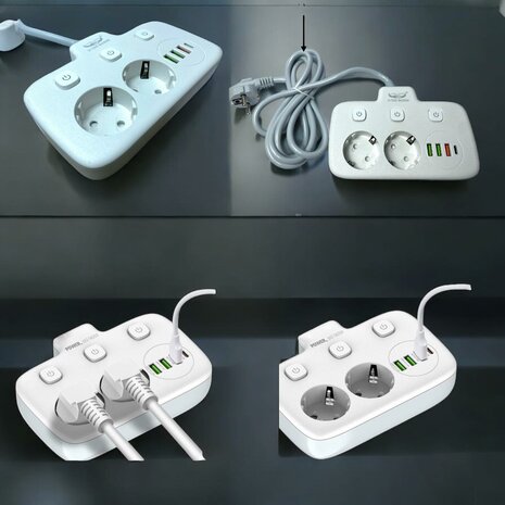 Power strip with USB-C 20W Fast Charger - 2 Sockets - 4 USB Ports 1.8 Meter