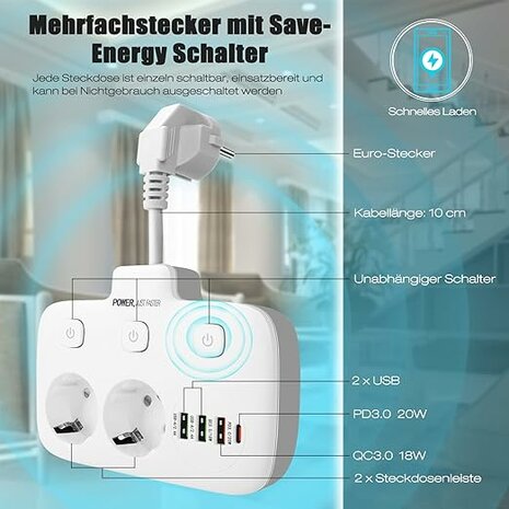 Steckdosenleiste mit USB-C 20 W Schnellladeger&auml;t &ndash; 2 Steckdosen &ndash; 4 USB-Anschl&uuml;sse 1,8 Meter