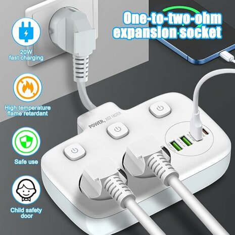 Power strip with USB-C 20W Fast Charger - 2 Sockets - 4 USB Ports 1.8 Meter