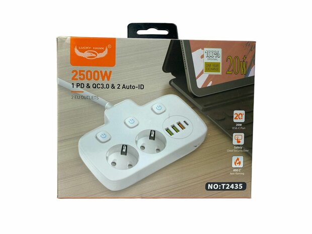 Power strip with USB-C 20W Fast Charger - 2 Sockets - 4 USB Ports 1.8 Meter