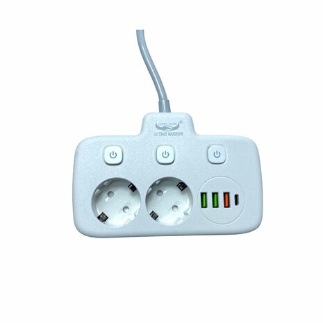 Power strip with USB-C 20W Fast Charger - 2 Sockets - 4 USB Ports 1.8 Meter