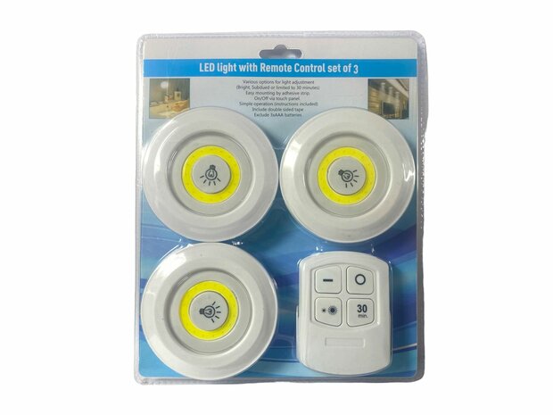 LED Wireless Wall Lamps - 3 pieces with remote control - Dimmable - with Timer - white light