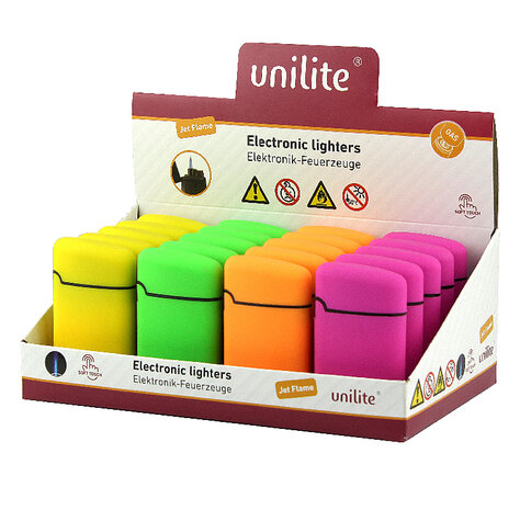 Briquet turbo 20 pi&egrave;ces en pr&eacute;sentoir - 4 ass. Jet Flamme Unilite.