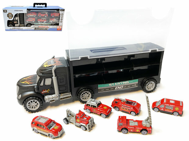 Camion de transport de camion de pompiers - mini camions de pompiers jouets - valise 6 pi&egrave;ces