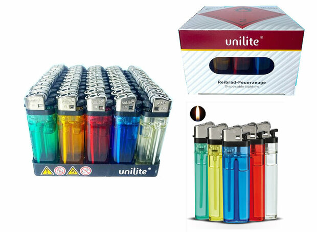 Briquets jetables Unilite silex 50 pcs. en barquette Transparent