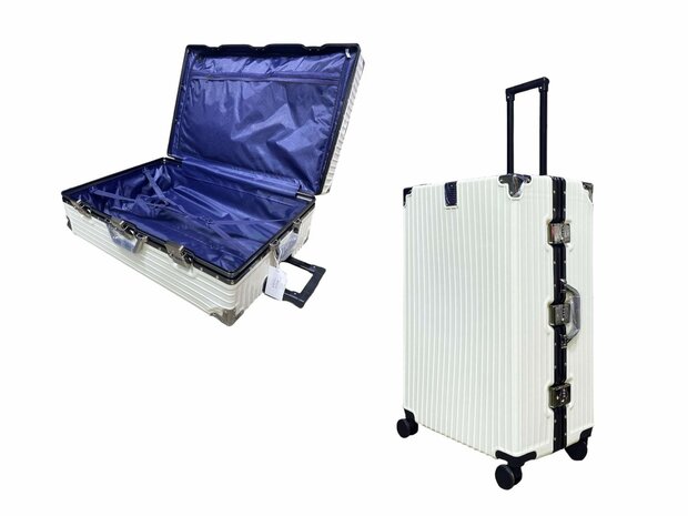 Hard shell suitcase set, PC ABS aluminum 4 metal corners for protection white