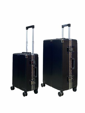 Black hard shell suitcase set, PC ABS aluminum 2-piece Large suitcase + hand luggage