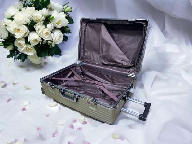 Set de valises rigides PC ABS aluminium 2 pi&egrave;ces Grande valise + bagage &agrave; main rose fonc&eacute; + gris moka