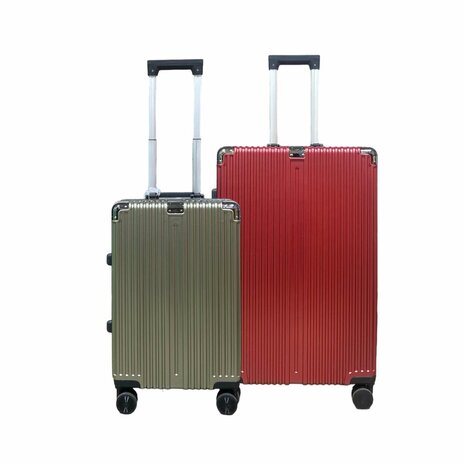 Set de valises rigides PC ABS aluminium 2 pi&egrave;ces Grande valise + bagage &agrave; main rose fonc&eacute; + gris moka