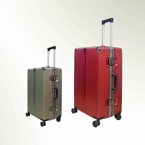 Set de valises rigides PC ABS aluminium 2 pi&egrave;ces Grande valise + bagage &agrave; main rose fonc&eacute; + gris moka