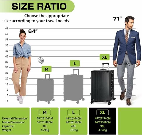 Hard shell suitcase set, PC ABS aluminum 2 pieces Large suitcase + hand luggage dark dark + Light green