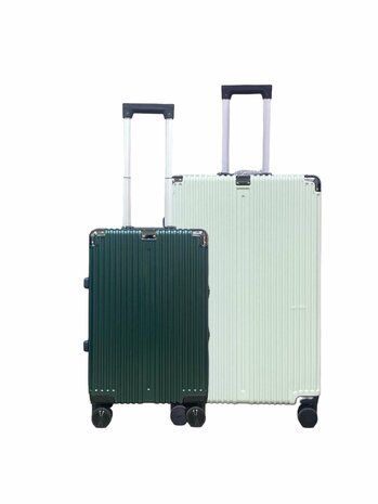 Hard shell suitcase set, PC ABS aluminum 2 pieces Large suitcase + hand luggage dark dark + Light green