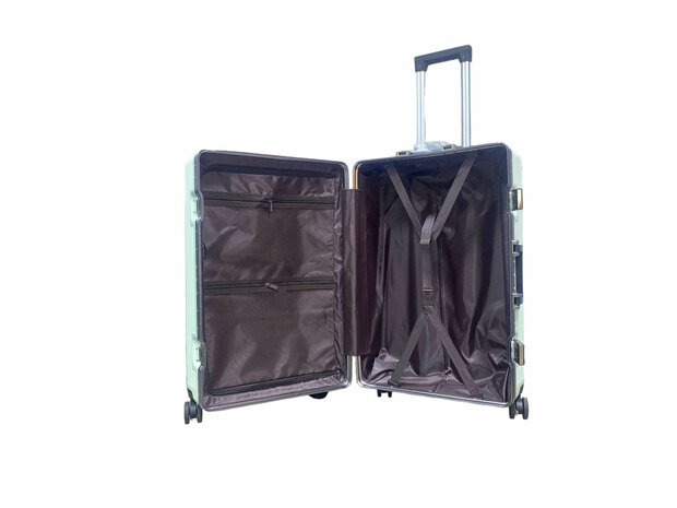 Hard shell suitcase set, PC ABS aluminum 2 pieces Large suitcase + hand luggage dark dark + Light green