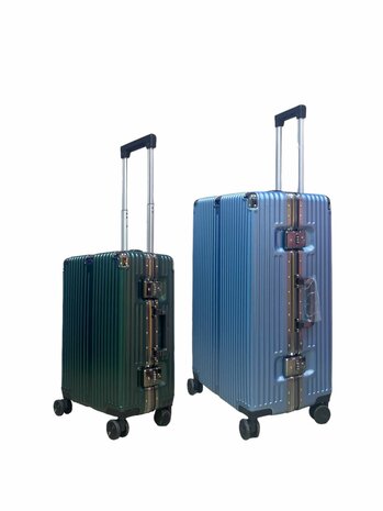 Set de valises rigides, PC ABS aluminium 2 pi&egrave;ces Grande valise + bagage &agrave; main vert fonc&eacute; + bleu clair